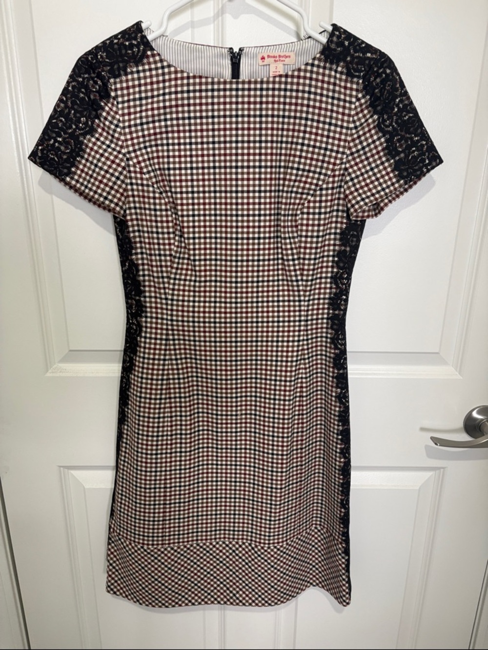 Brooks Brothers Black and Brown Gingham Lace-Trim Midi Dress